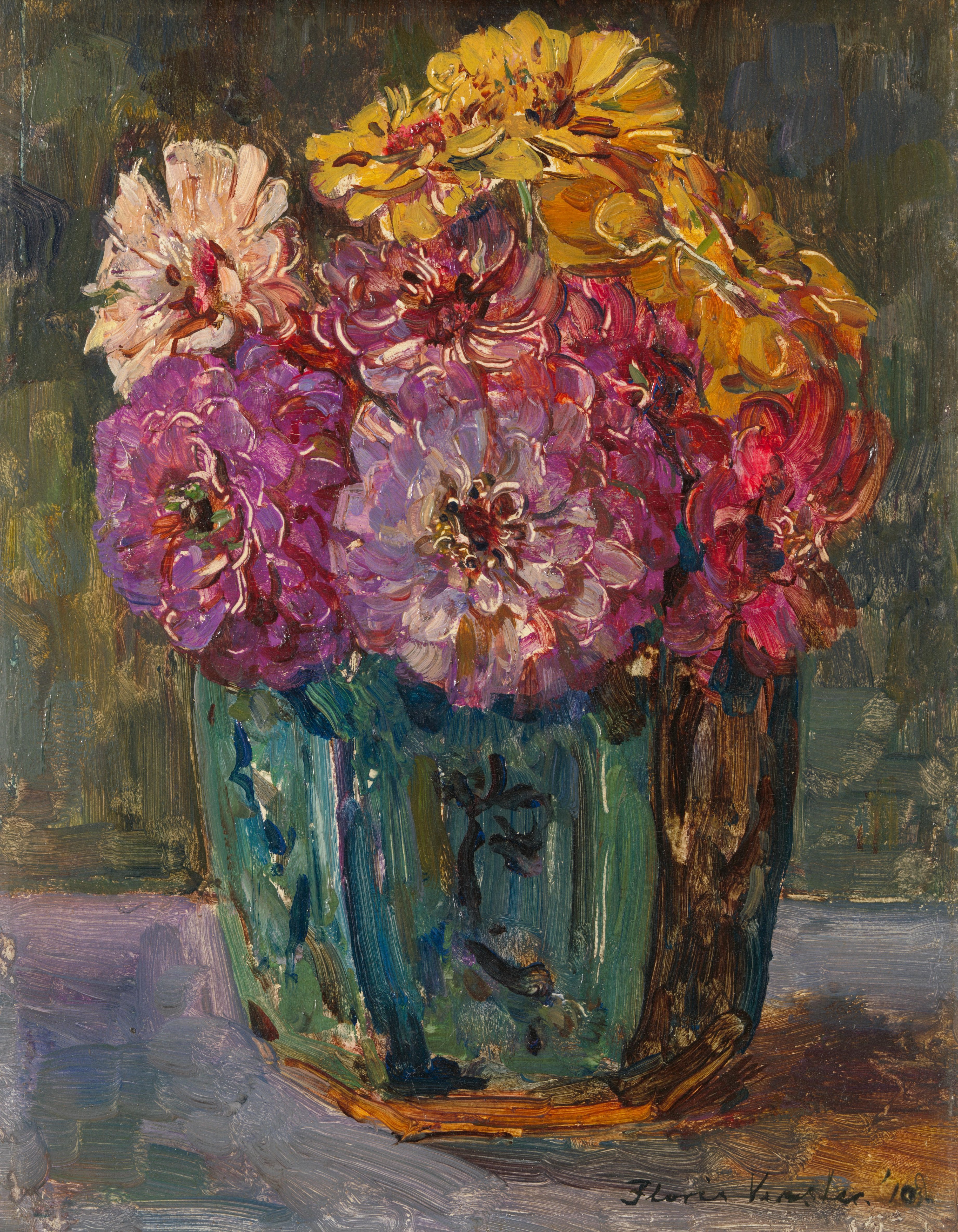 Still Life with Flowers — Still Life with Zinnias in a Green Jar, oil painting by Floris Verster
