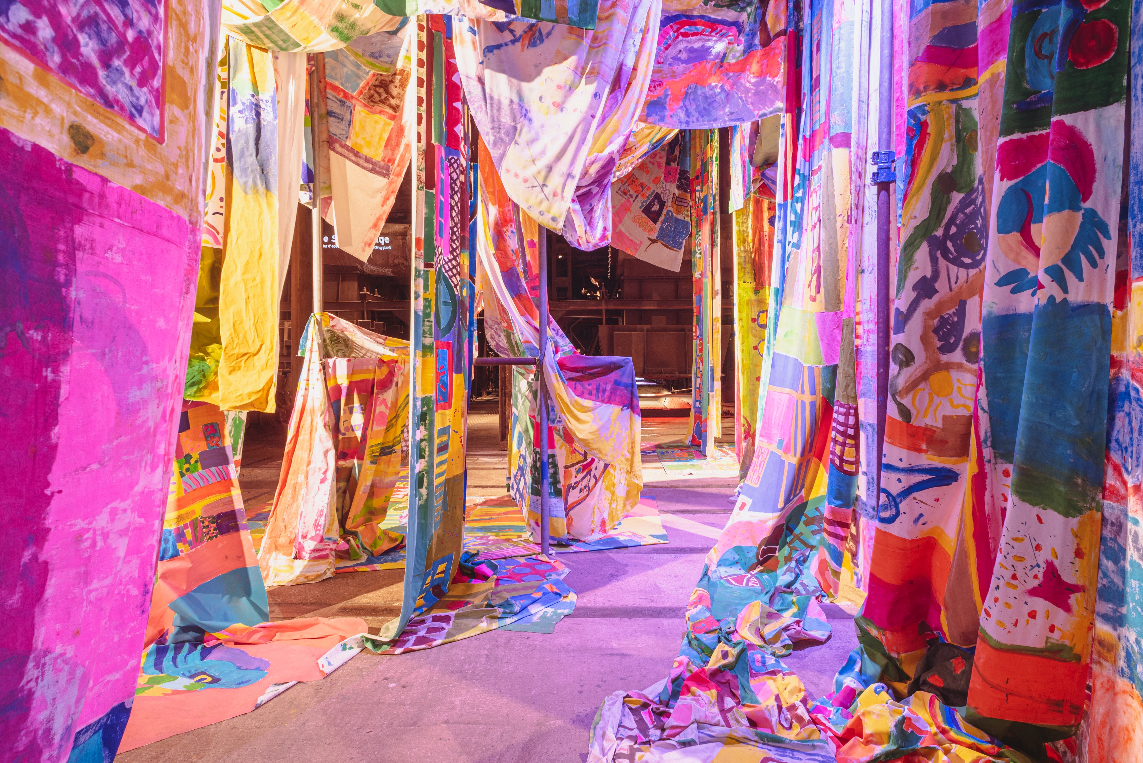 Chromatic Furnace — colorful woven sculpture inside the Völklingen Ironworks sinter plant