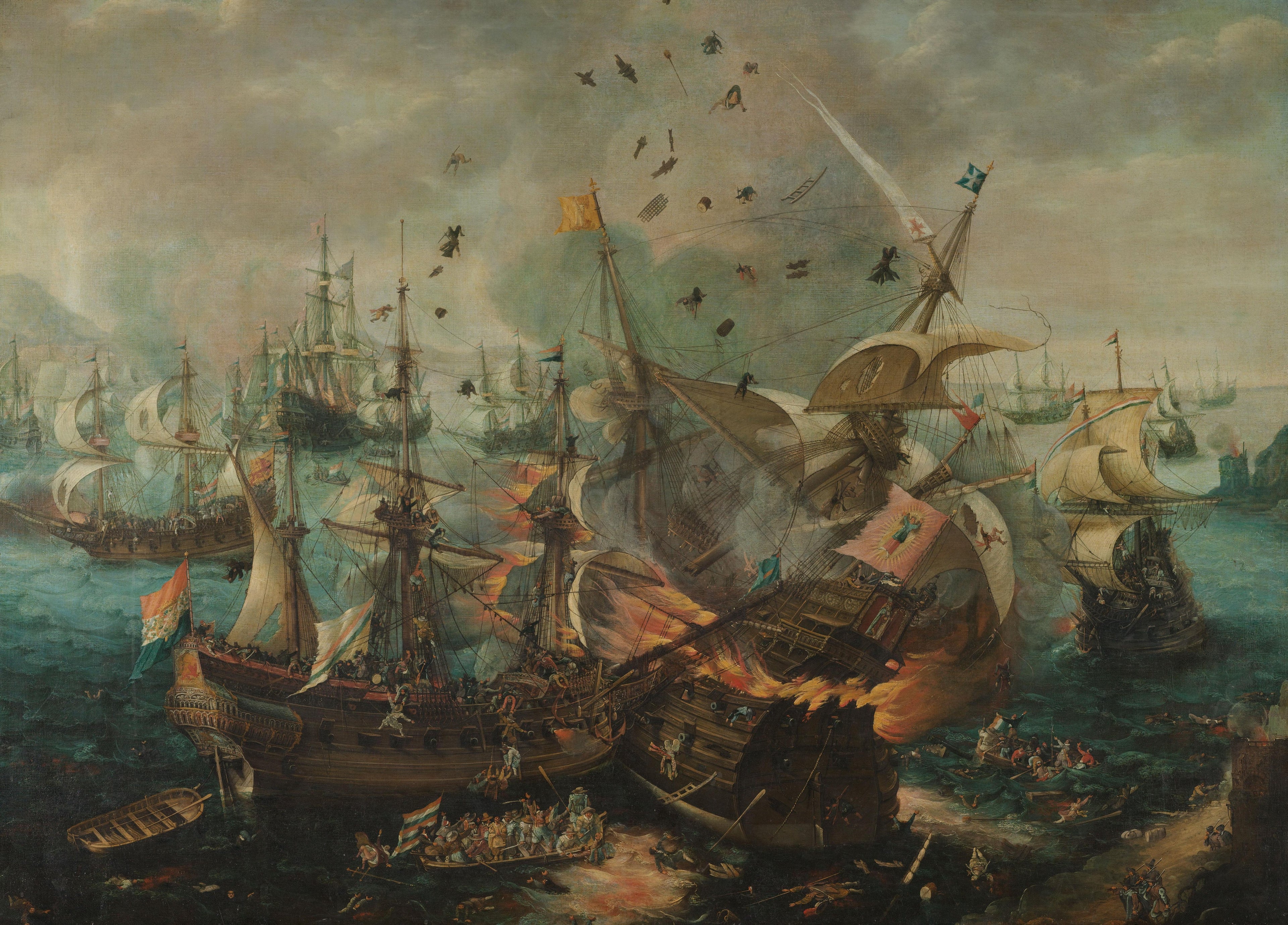 The Battle of Gibraltar — explosion of the Spanish flagship, oil painting attributed to Cornelis Claesz. van Wieringen